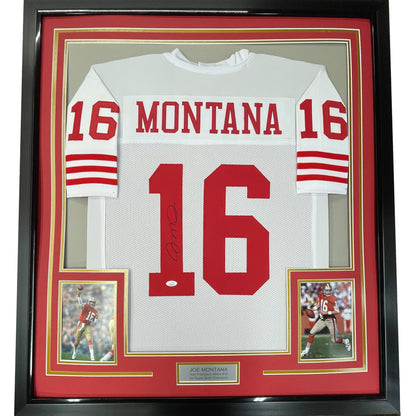 Framed Autographed/Signed Joe Montana 35x39 San Francisco White Football Jersey JSA COA