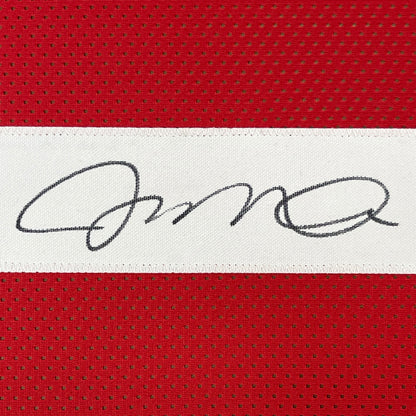 Framed Autographed/Signed Joe Montana 35x39 San Francisco Red Football Jersey JSA COA