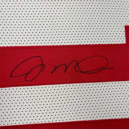 Framed Autographed/Signed Joe Montana 35x39 San Francisco White Football Jersey JSA COA