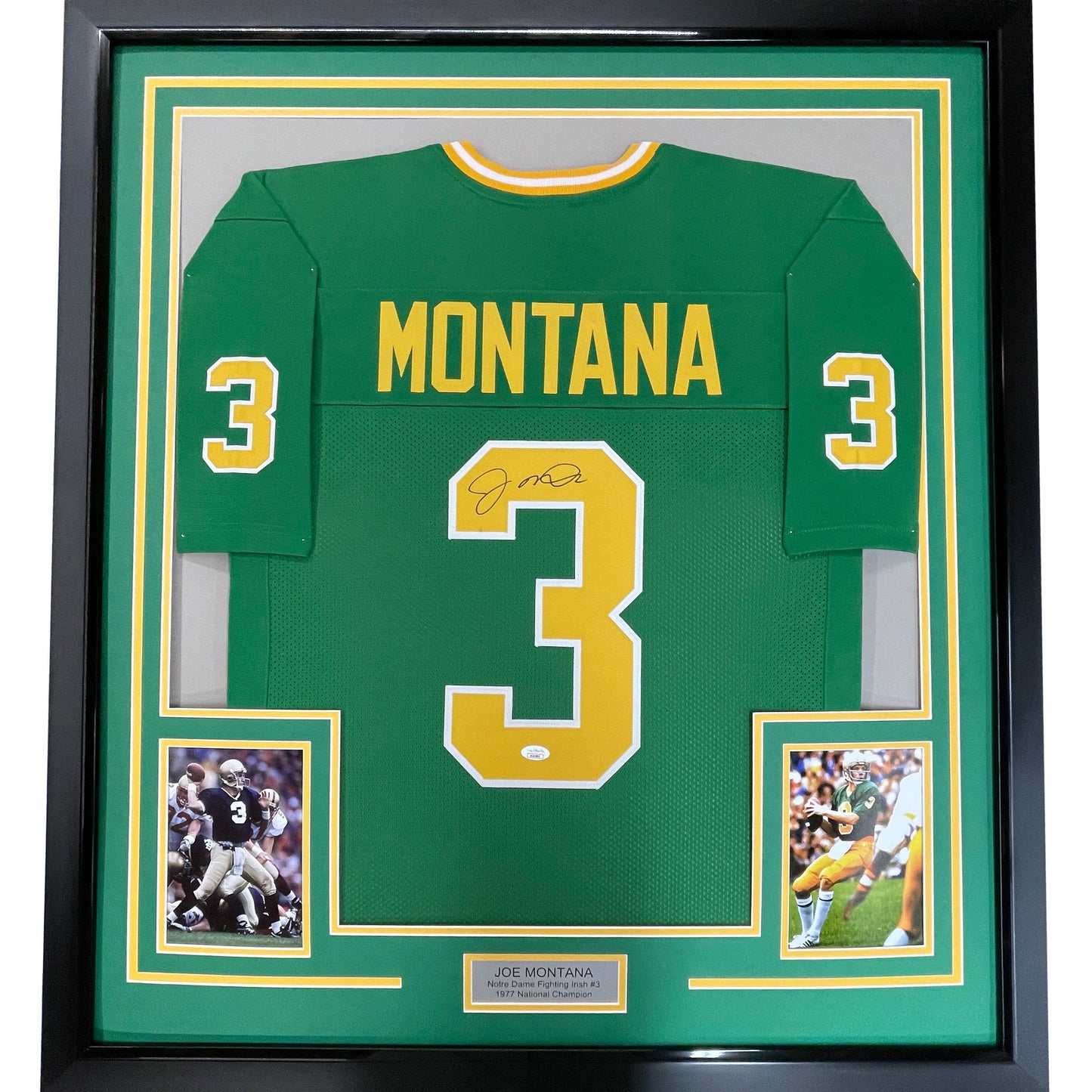 Framed Autographed/Signed Joe Montana 35x39 Notre Dame Green College Football Jersey JSA COA