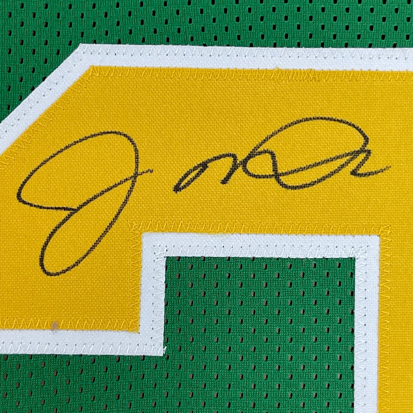 Framed Autographed/Signed Joe Montana 35x39 Notre Dame Green College Football Jersey JSA COA