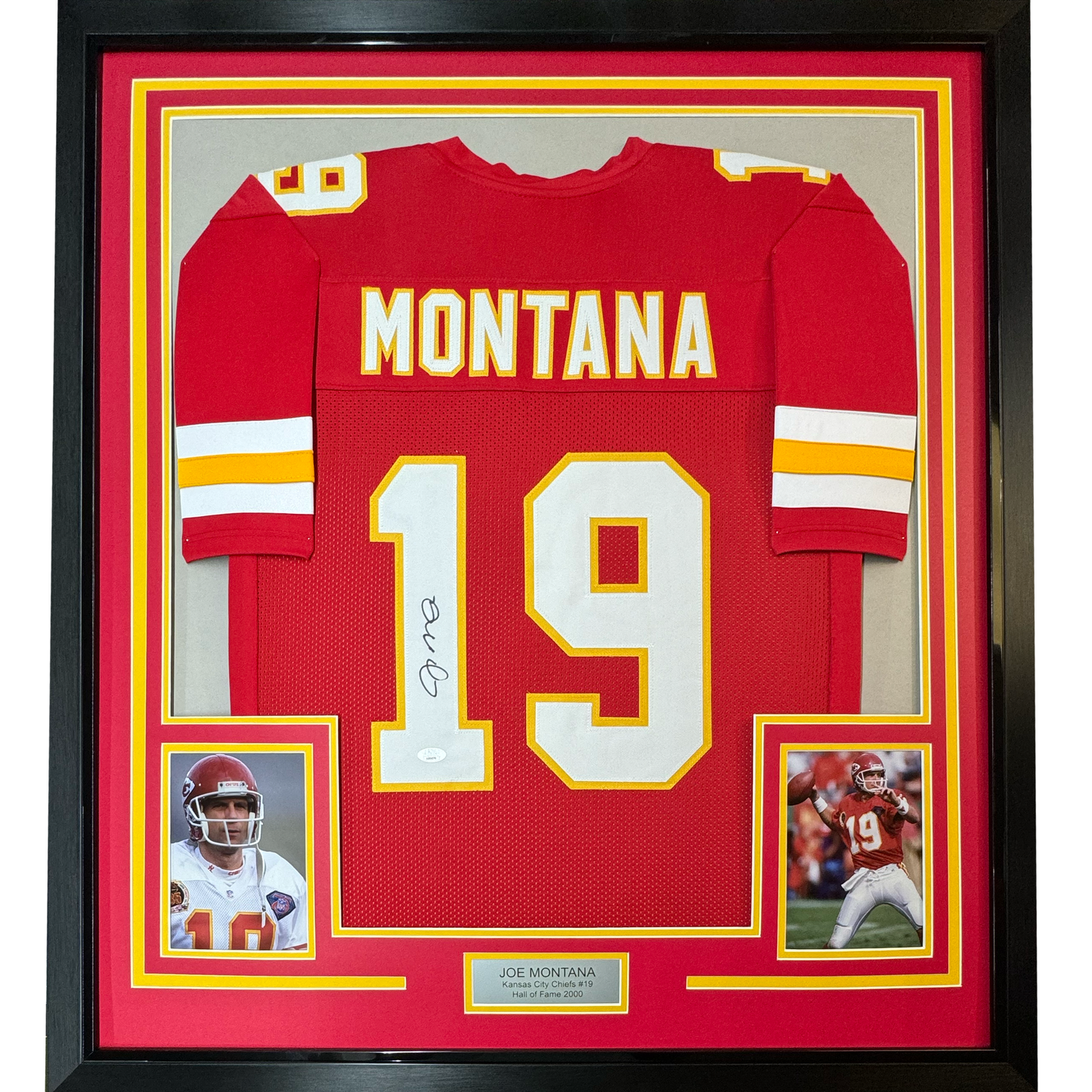 Framed Autographed/Signed Joe Montana 35x39 Kansas City Chiefs Red Football Jersey JSA COA
