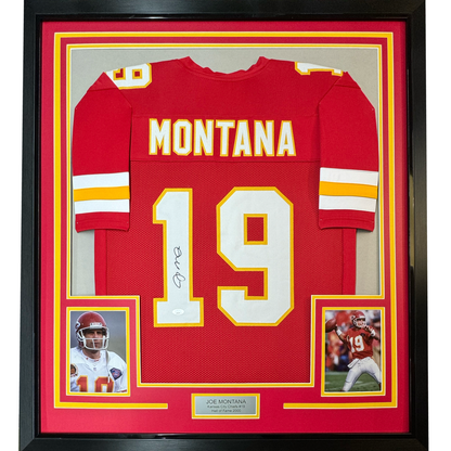Framed Autographed/Signed Joe Montana 35x39 Kansas City Chiefs Red Football Jersey JSA COA