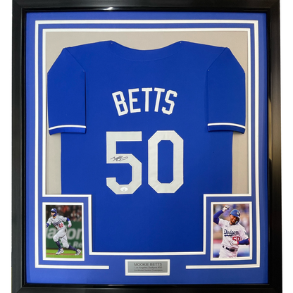 Framed Autographed/Signed Mookie Betts 35x39 Los Angeles LA Blue Baseball Jersey JSA COA
