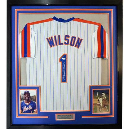 Framed Autographed/Signed Mookie Wilson 35x39 New York Pinstripe Baseball Jersey JSA COA