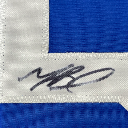 Framed Autographed/Signed Mookie Betts 35x39 Los Angeles LA Blue Baseball Jersey JSA COA