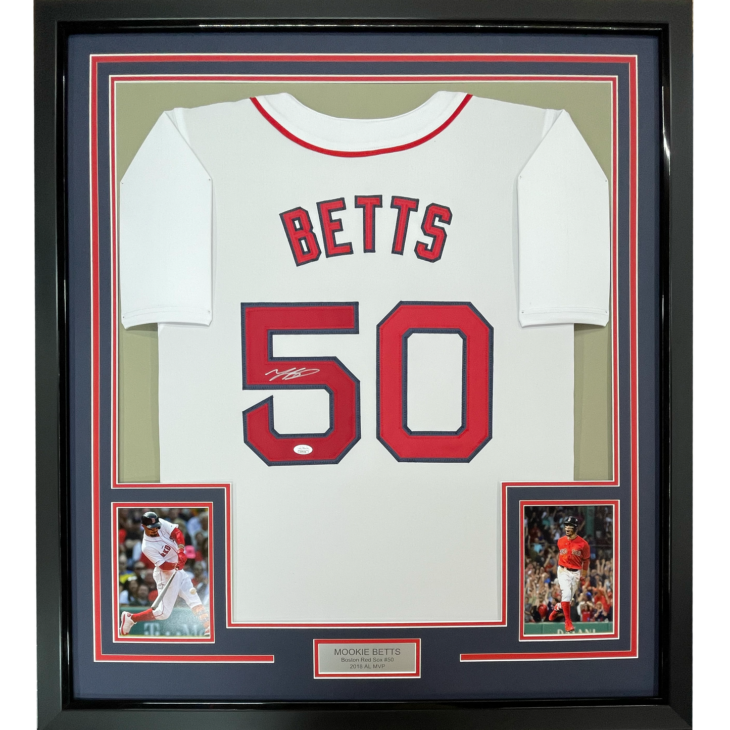 Framed Autographed/Signed Mookie Betts 35x39 Boston White Baseball Jersey JSA COA