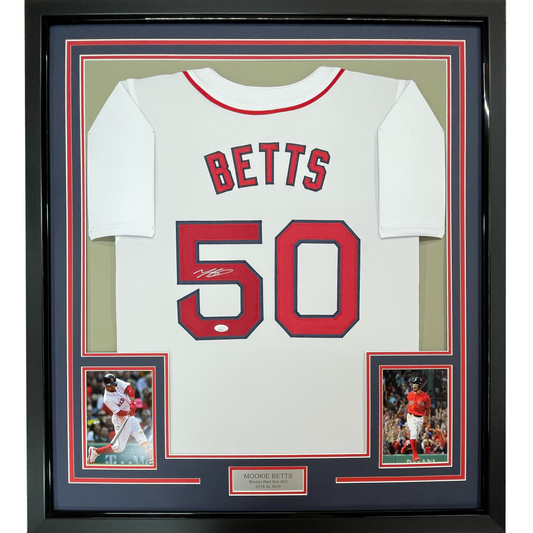 Framed Autographed/Signed Mookie Betts 35x39 Boston White Baseball Jersey JSA COA