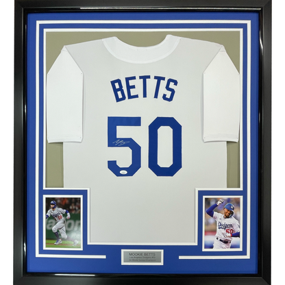 Framed Autographed/Signed Mookie Betts 35x39 Los Angeles LA White Baseball Jersey JSA COA