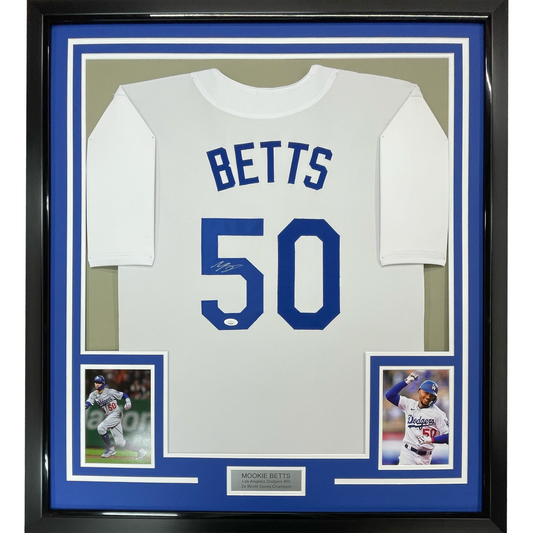 Framed Autographed/Signed Mookie Betts 35x39 Los Angeles LA White Baseball Jersey JSA COA