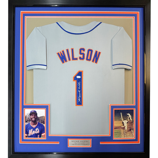 Framed Autographed/Signed Mookie Wilson 35x39 New York Grey Baseball Jersey JSA COA
