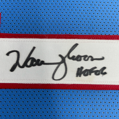Framed Autographed/Signed Warren Moon HOF 06 35x39 Houston Blue Football Jersey JSA COA