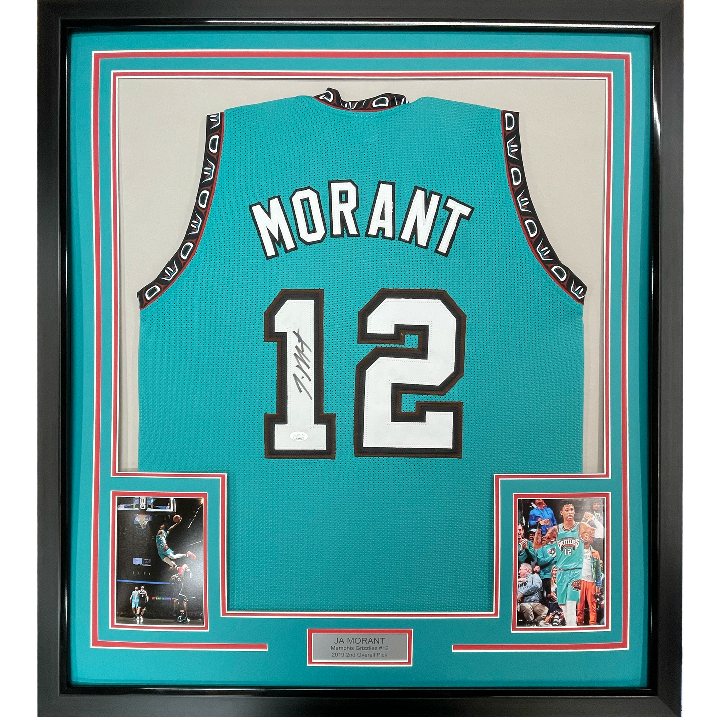 Framed Autographed/Signed Ja Morant 35x39 Memphis Teal Basketball Jersey JSA COA