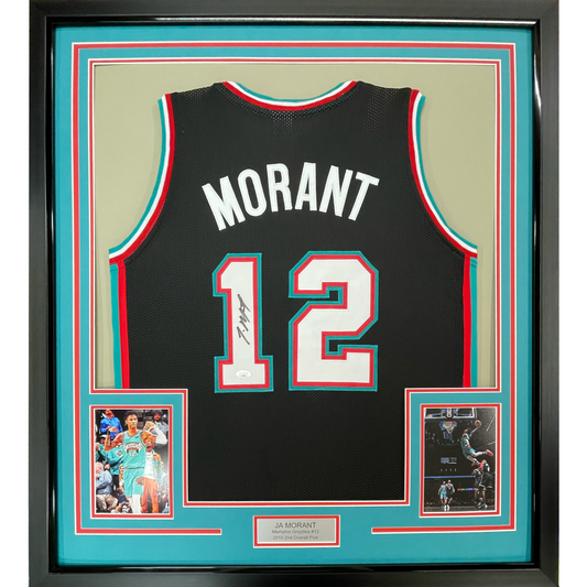 Framed Autographed/Signed Ja Morant 35x39 Memphis Black Basketball Jersey JSA COA