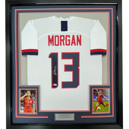 Framed Autographed/Signed Alex Morgan 35x39 White Soccer Team USA World Cup Jersey JSA COA