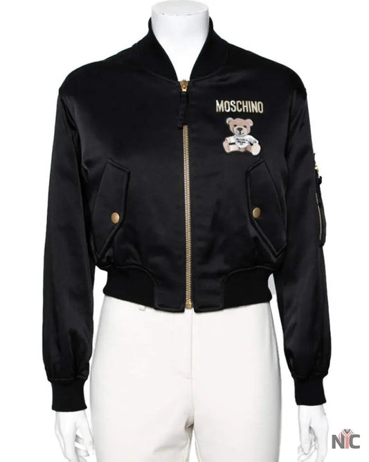 Moschino Couture Black Teddy Print Synthetic Cropped Bomber Jacket