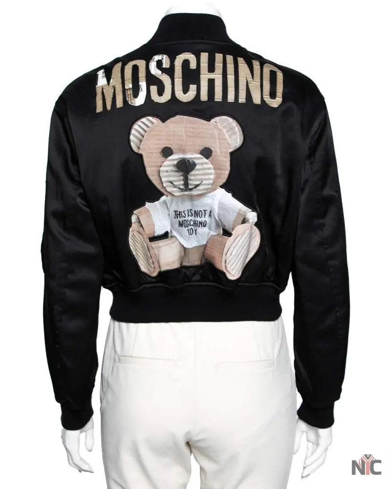 Moschino Couture Black Teddy Print Synthetic Cropped Bomber Jacket