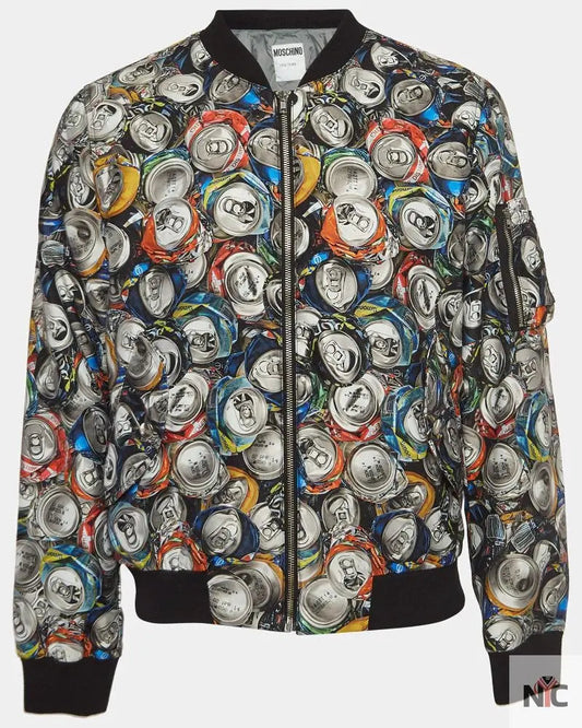 Moschino Couture Multicolor Beverage Cans Print Nylon Bomber Jacket