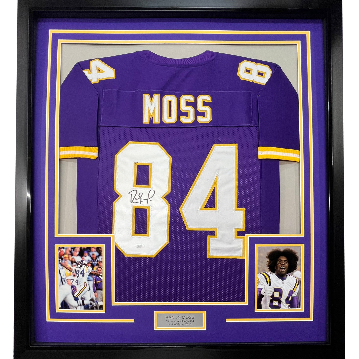 Framed Autographed/Signed Randy Moss 35x39 Minnesota Purple Football Jersey JSA COA