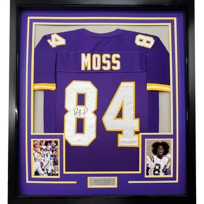 Framed Autographed/Signed Randy Moss 35x39 Minnesota Purple Football Jersey JSA COA