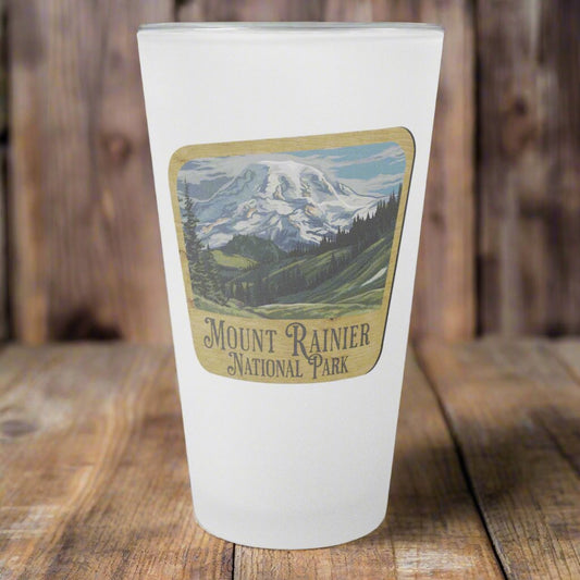 Mount Rainier National Park Frosted Pint Glass Wood Sign Mountain Graphic