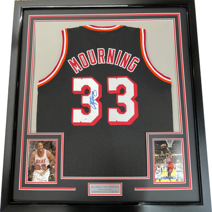 Framed Autographed/Signed Alonzo Mourning 35x39 Miami Black Basketball Jersey JSA COA