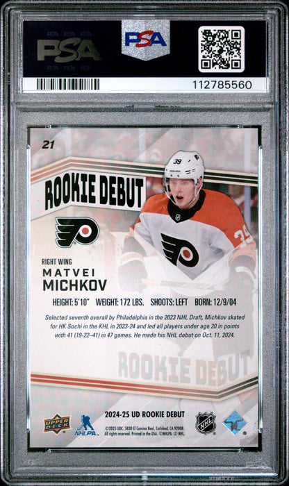 Graded 2024 Upper Deck Rookie Debut Matvei Michkov #21 Rookie RC Hockey Card PSA 10 Gem Mint
