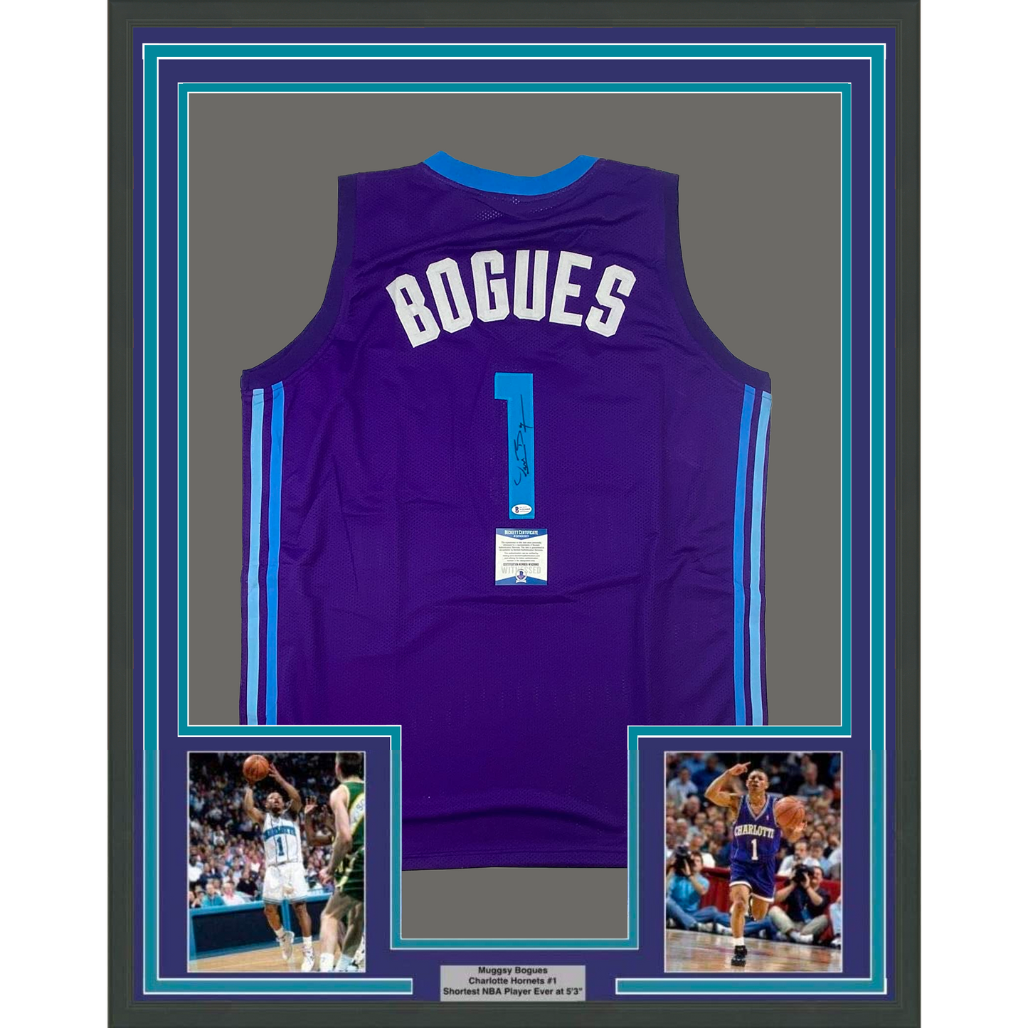 Framed Autographed/Signed Muggsy Bogues 35x39 Charlotte Purple Modern Basketball Jersey Beckett BAS COA