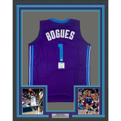 Framed Autographed/Signed Muggsy Bogues 35x39 Charlotte Purple Modern Basketball Jersey Beckett BAS COA