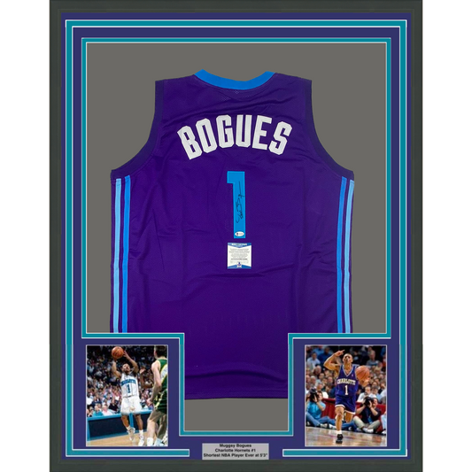 Framed Autographed/Signed Muggsy Bogues 35x39 Charlotte Purple Modern Basketball Jersey Beckett BAS COA