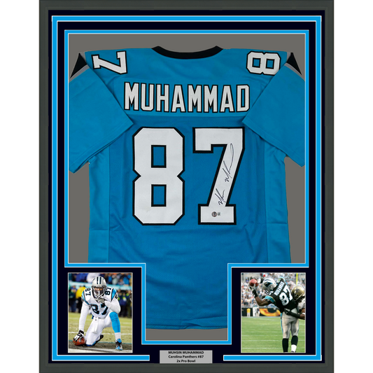 Framed Autographed/Signed Muhsin Muhammad 35x39 Carolina Blue Football Jersey Beckett BAS COA