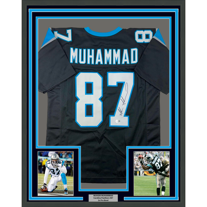 Framed Autographed/Signed Muhsin Muhammad 35x39 Carolina Black Football Jersey Beckett BAS COA