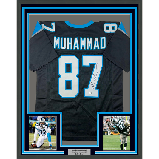 Framed Autographed/Signed Muhsin Muhammad 35x39 Carolina Black Football Jersey Beckett BAS COA