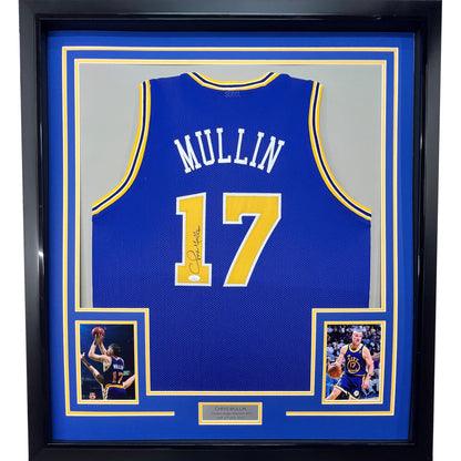 Framed Autographed/Signed Chris Mullin 35x39 Golden State Blue Basketball Jersey JSA COA