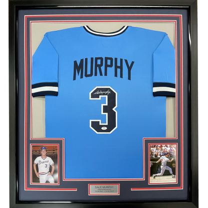Framed Autographed/Signed Dale Murphy 35x39 Atlanta Light Blue Baseball Jersey PSA/DNA COA