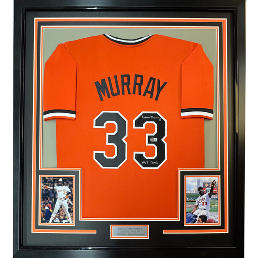 Framed Autographed/Signed Eddie Murray 35x39 Baltimore Orange Baseball Jersey Beckett BAS COA