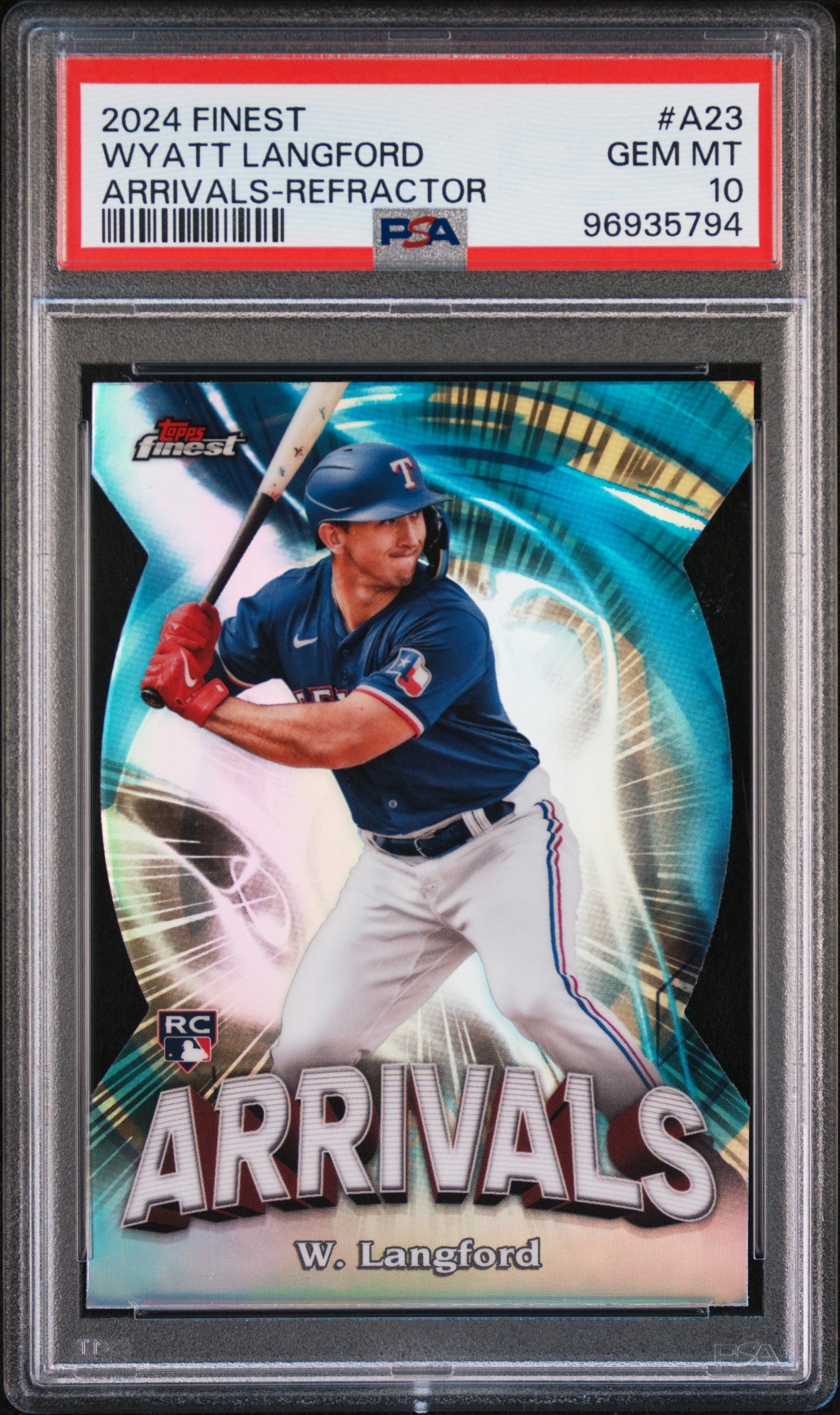 Graded 2024 Topps Finest Wyatt Langford #A23 Arrivals Refractor Rookie RC Baseball Card PSA 10 Gem Mint