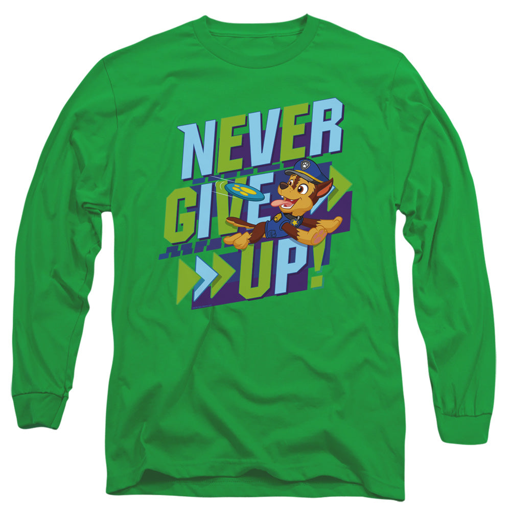 Paw Patrol Never Give Up Mens Long Sleeve Shirt Kelly Green Officially Licensed