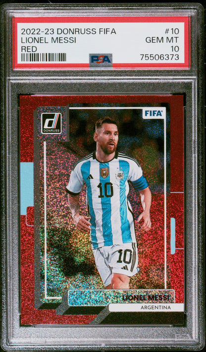 Graded 2022 Panini Donruss FIFA Lionel Messi #10 Red #/99 Soccer Card PSA 10 Gem Mint