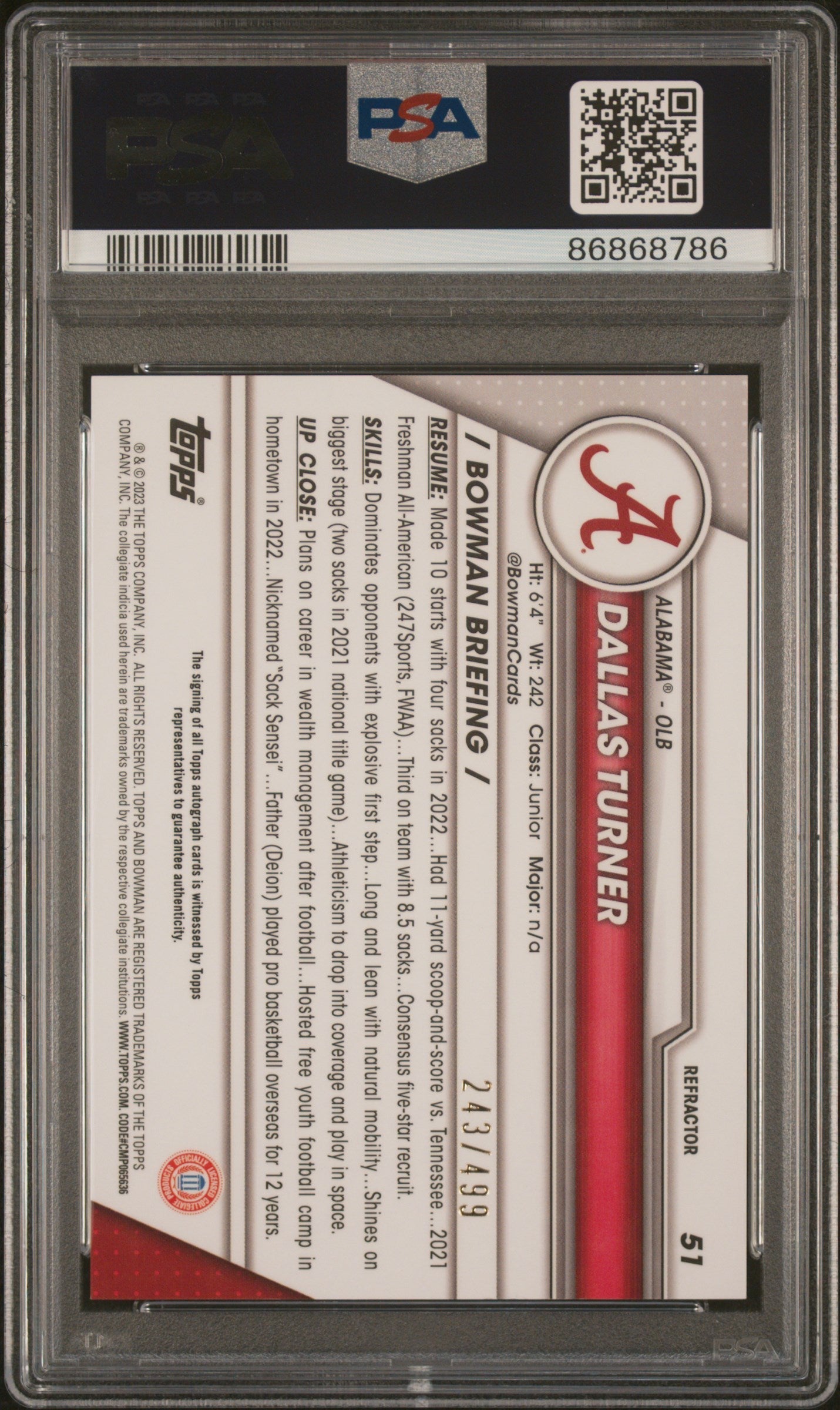 Graded 2023 Topps Bowman U Chrome Dallas Turner #51 Auto Refractor #/499 Rookie RC Football Card PSA 10