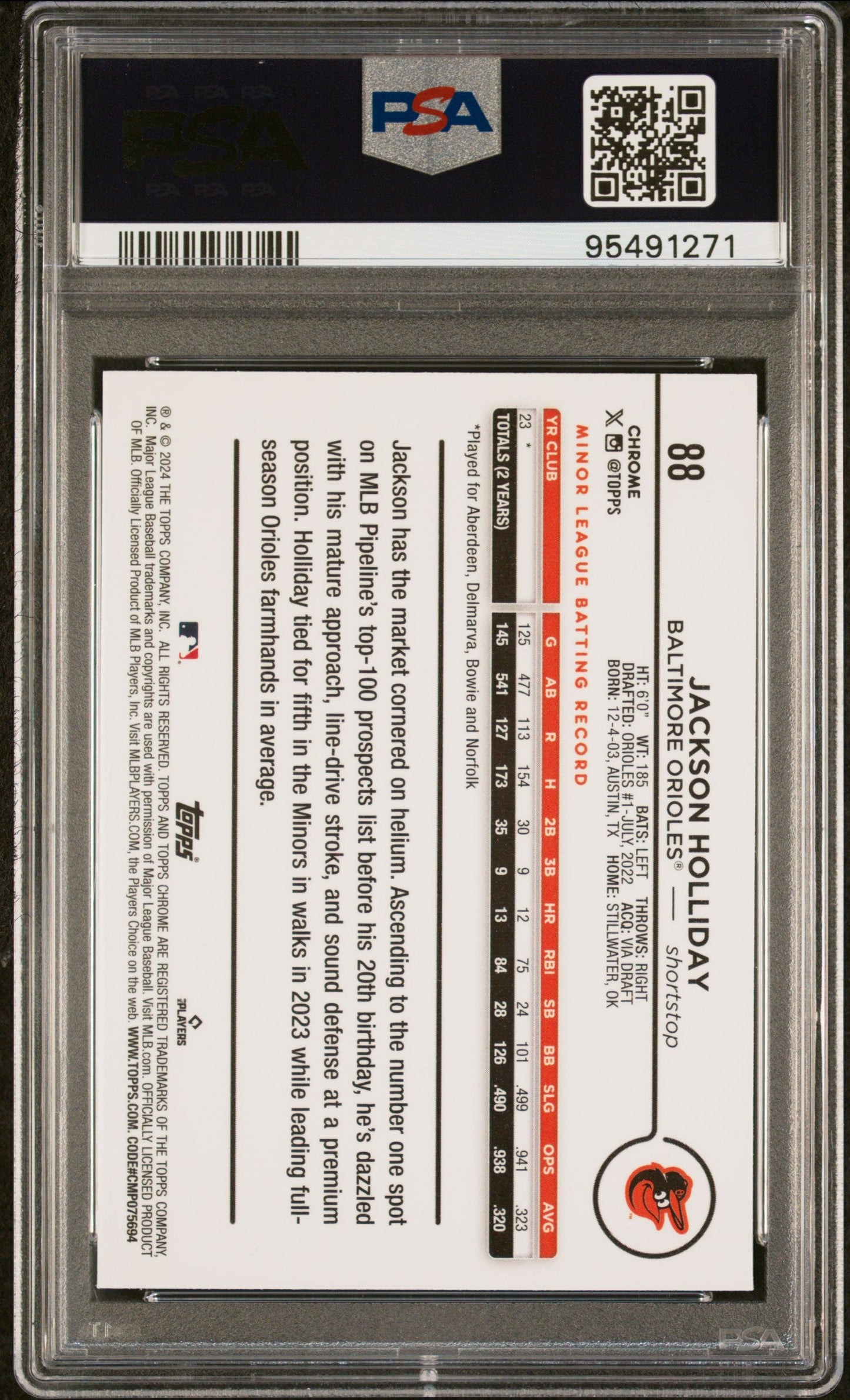 Graded 2024 Topps Chrome Jackson Holliday #88 Rookie RC Baseball Card PSA 10 Gem Mint