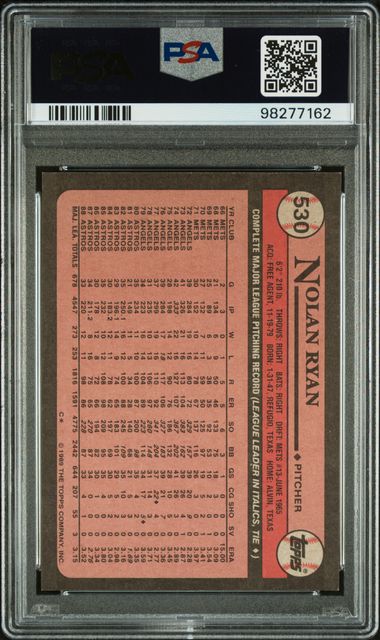Graded 1989 Topps Nolan Ryan #530 Baseball Card PSA 10 Gem Mint