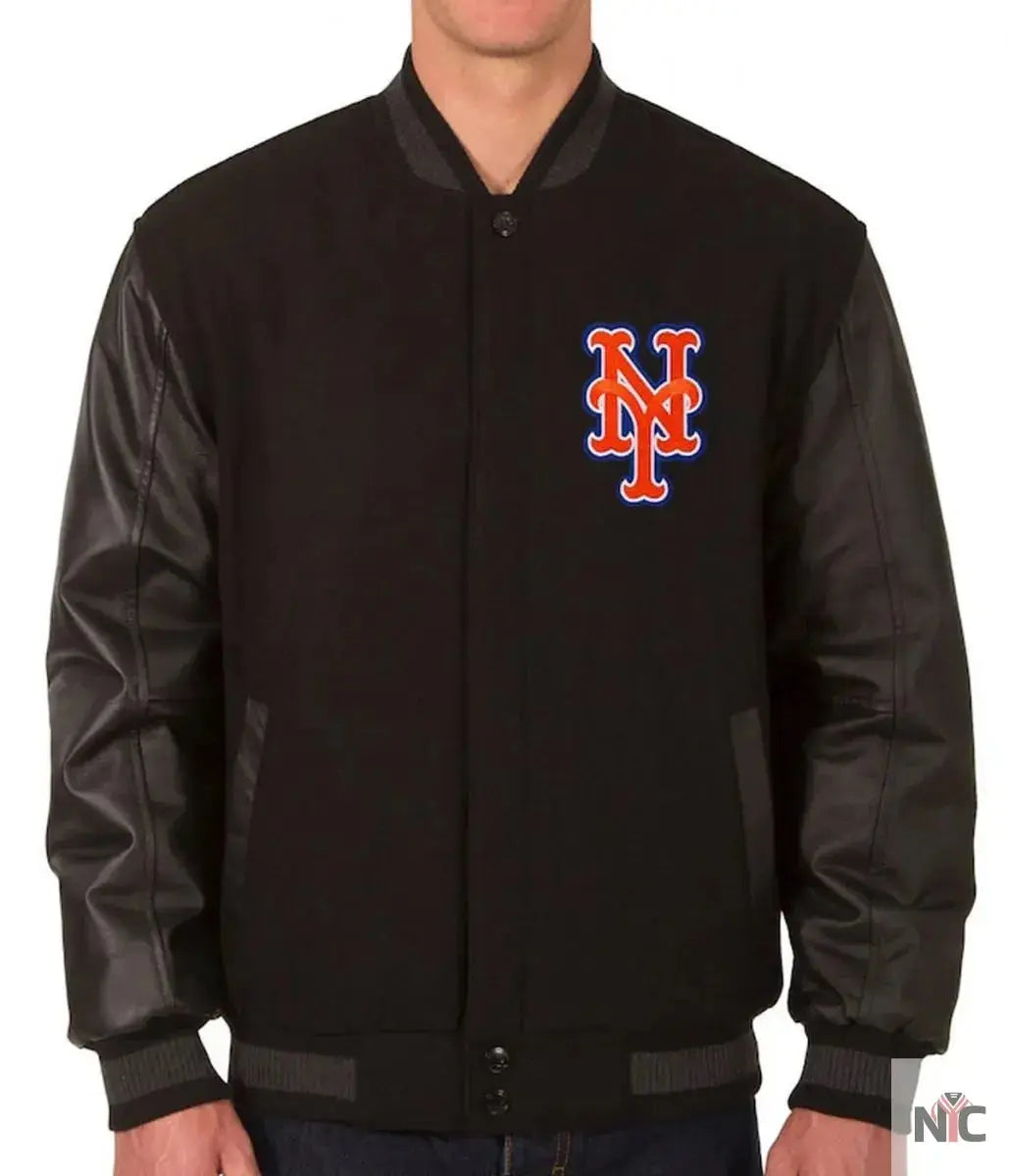 NY Mets Black Wool & Leather Jacket