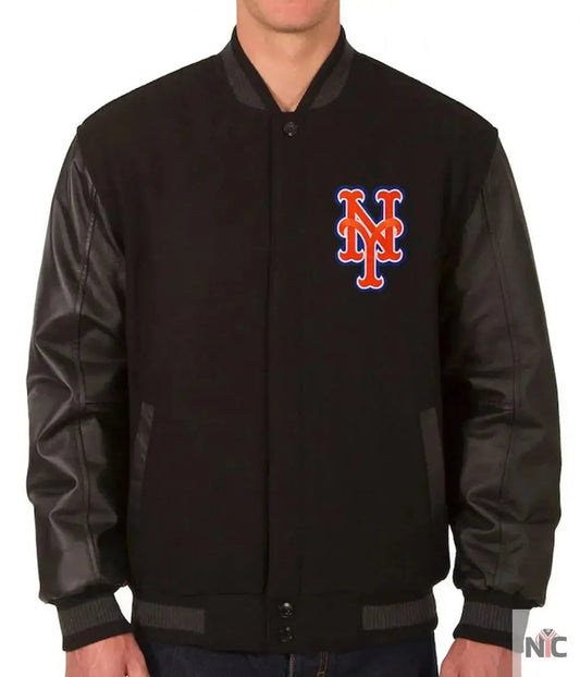 NY Mets Black Wool & Leather Jacket