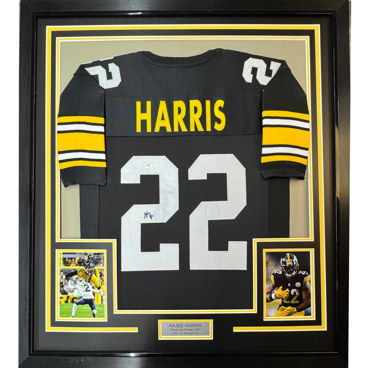 Framed Autographed/Signed Najee Harris 35x39 Pittsburgh Black Football Jersey Beckett BAS COA