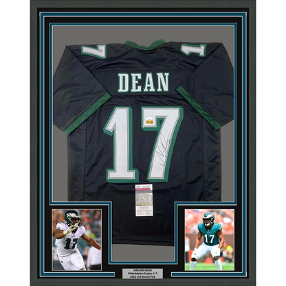 Framed Autographed/Signed Nakobe Dean 35x39 Philadelphia Black Football Jersey JSA COA