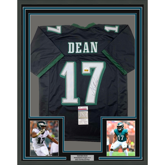 Framed Autographed/Signed Nakobe Dean 35x39 Philadelphia Black Football Jersey JSA COA