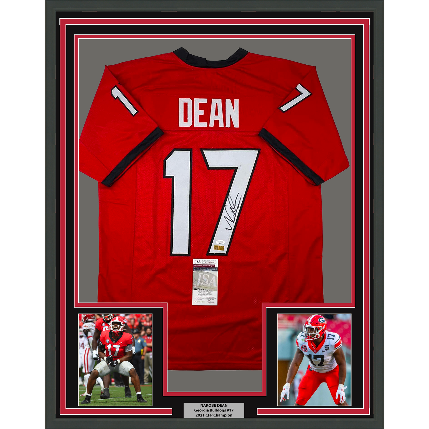 Framed Autographed/Signed Nakobe Dean 35x39 Georgia Red College Football Jersey JSA COA