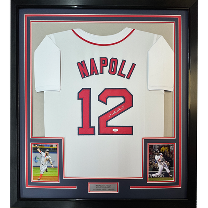 Framed Autographed/Signed Mike Napoli 35x39 Boston Red Sox White Baseball Jersey JSA COA
