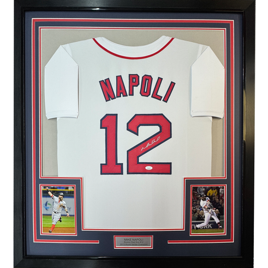 Framed Autographed/Signed Mike Napoli 35x39 Boston Red Sox White Baseball Jersey JSA COA